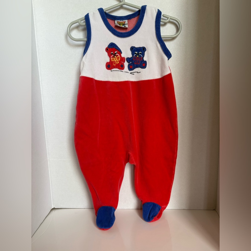 Vintage Sweet Baby Red Blue Velour Romper 6–12M Footed Overall Embroidered Bears